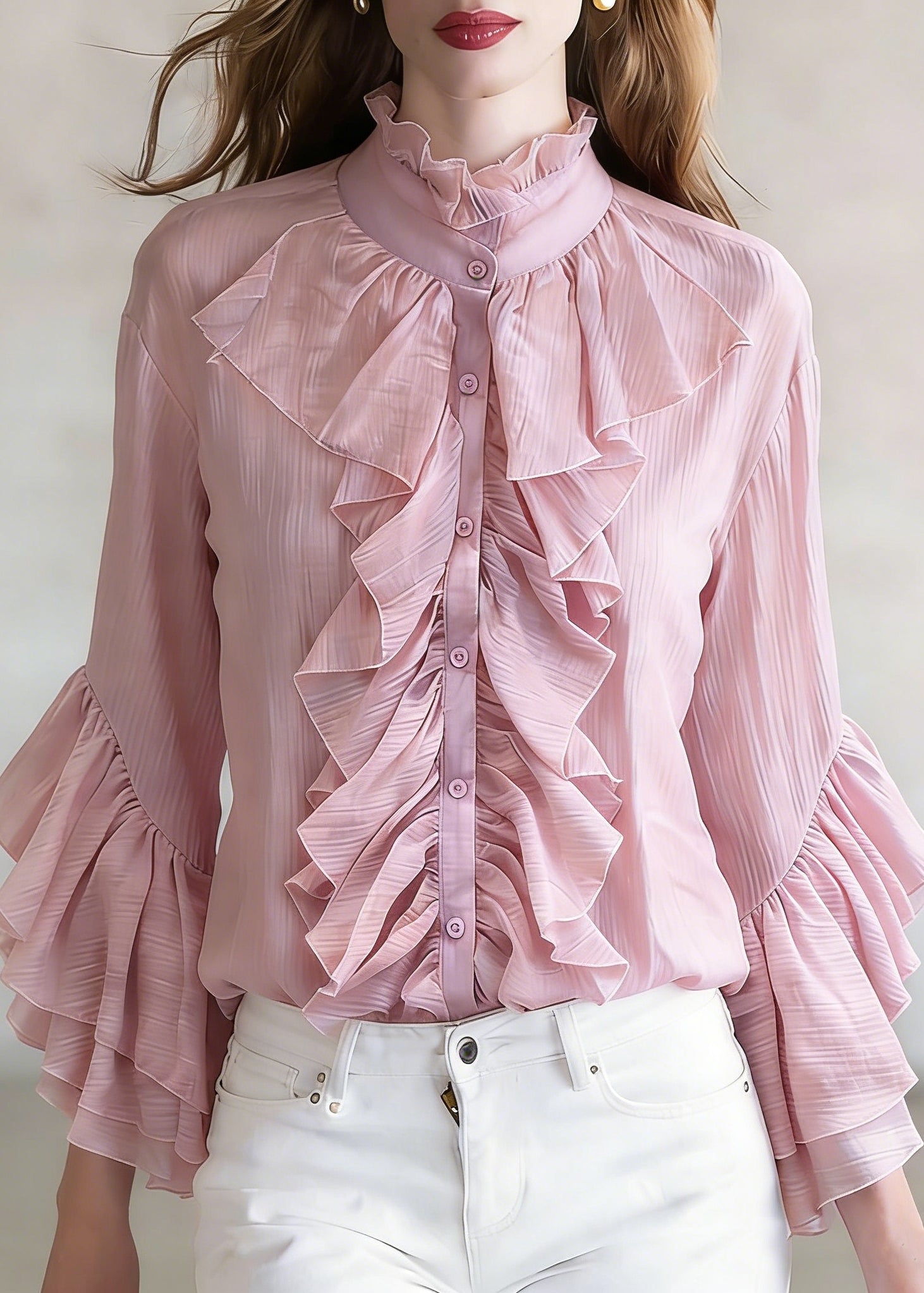 Loose Purple Ruffled Button Shirt Top Flare Sleeve - Omychic