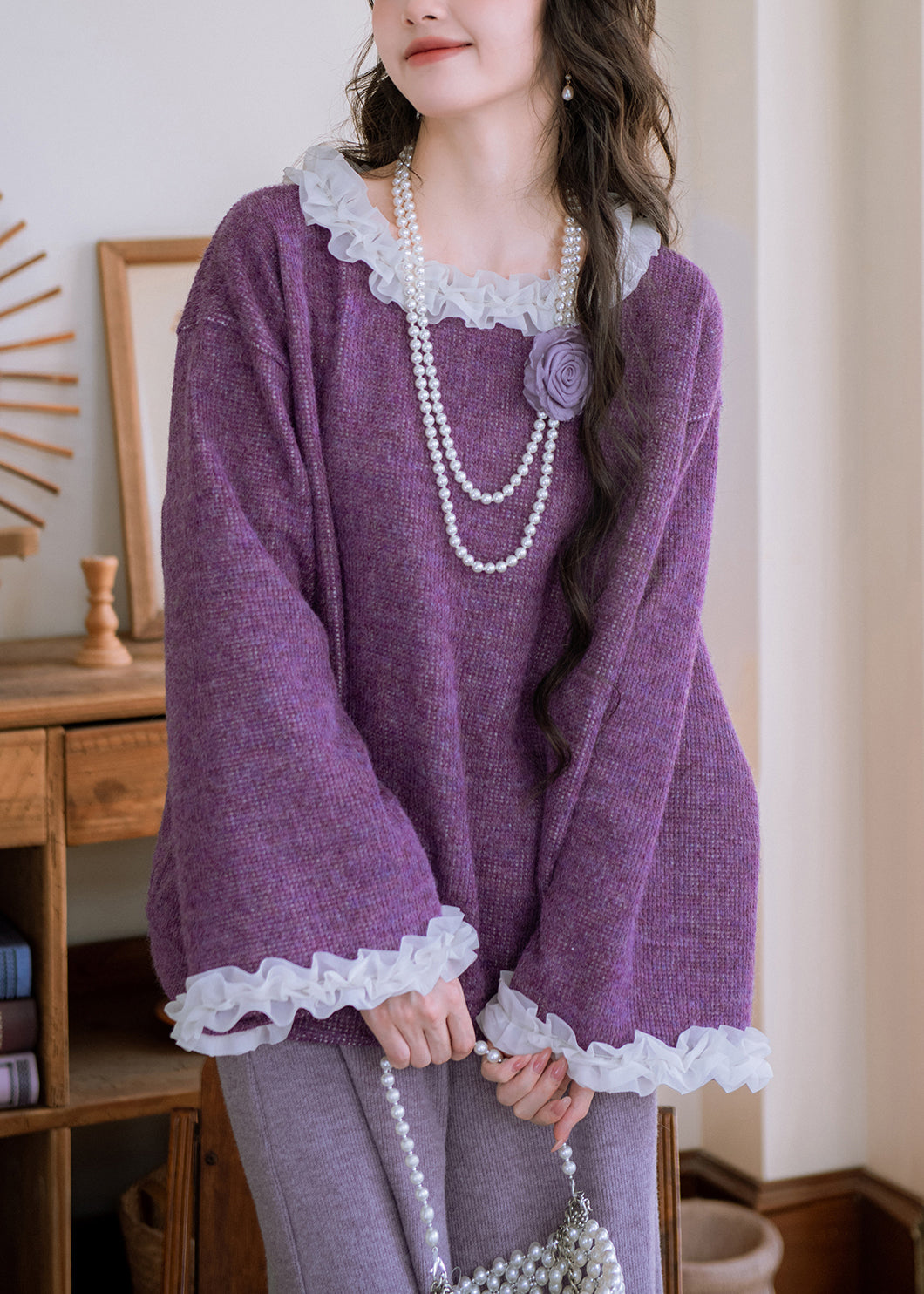 Loose Purple Ruffled Floral Patchwork Knit Sweater Flare Sleeve
