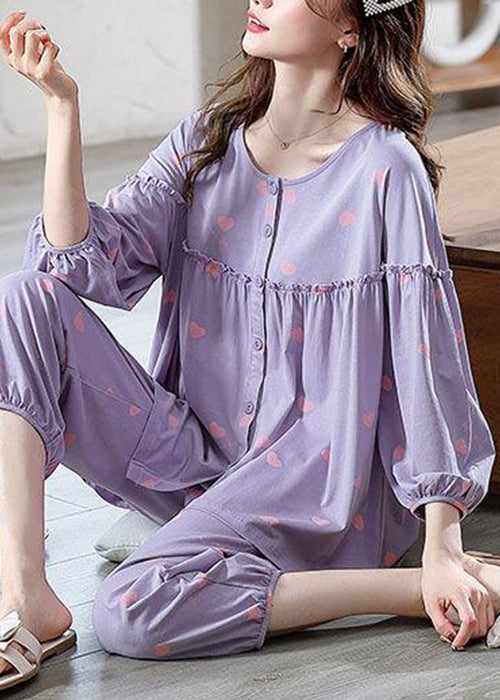 Loose Purple Ruffled Print Cotton Pajamas Two Pieces Set Bracelet Sleeve