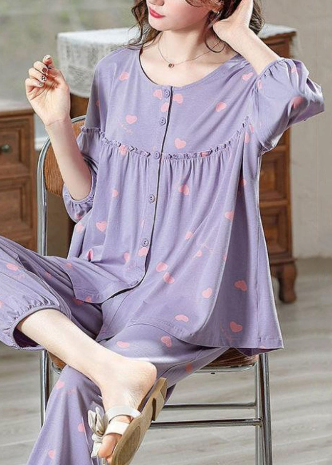Loose Purple Ruffled Print Cotton Pajamas Two Pieces Set Bracelet Sleeve