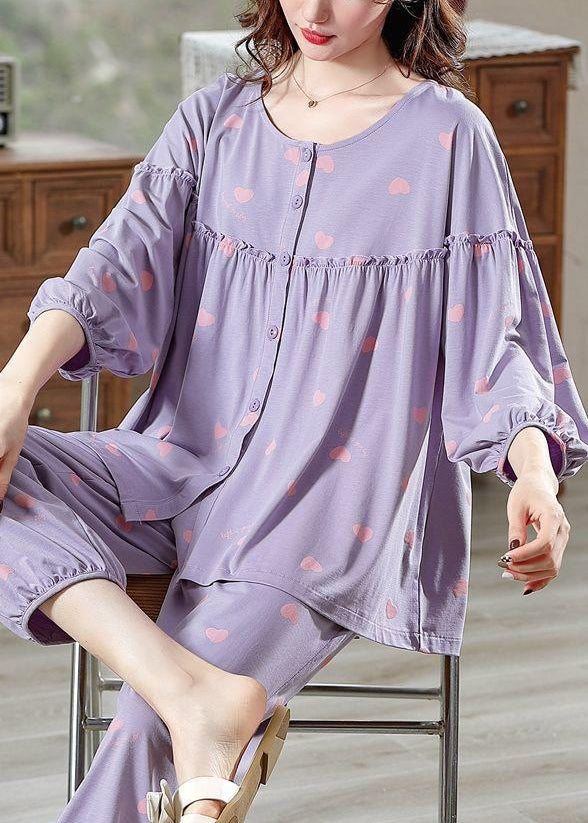 Loose Purple Ruffled Print Cotton Pajamas Two Pieces Set Bracelet Sleeve