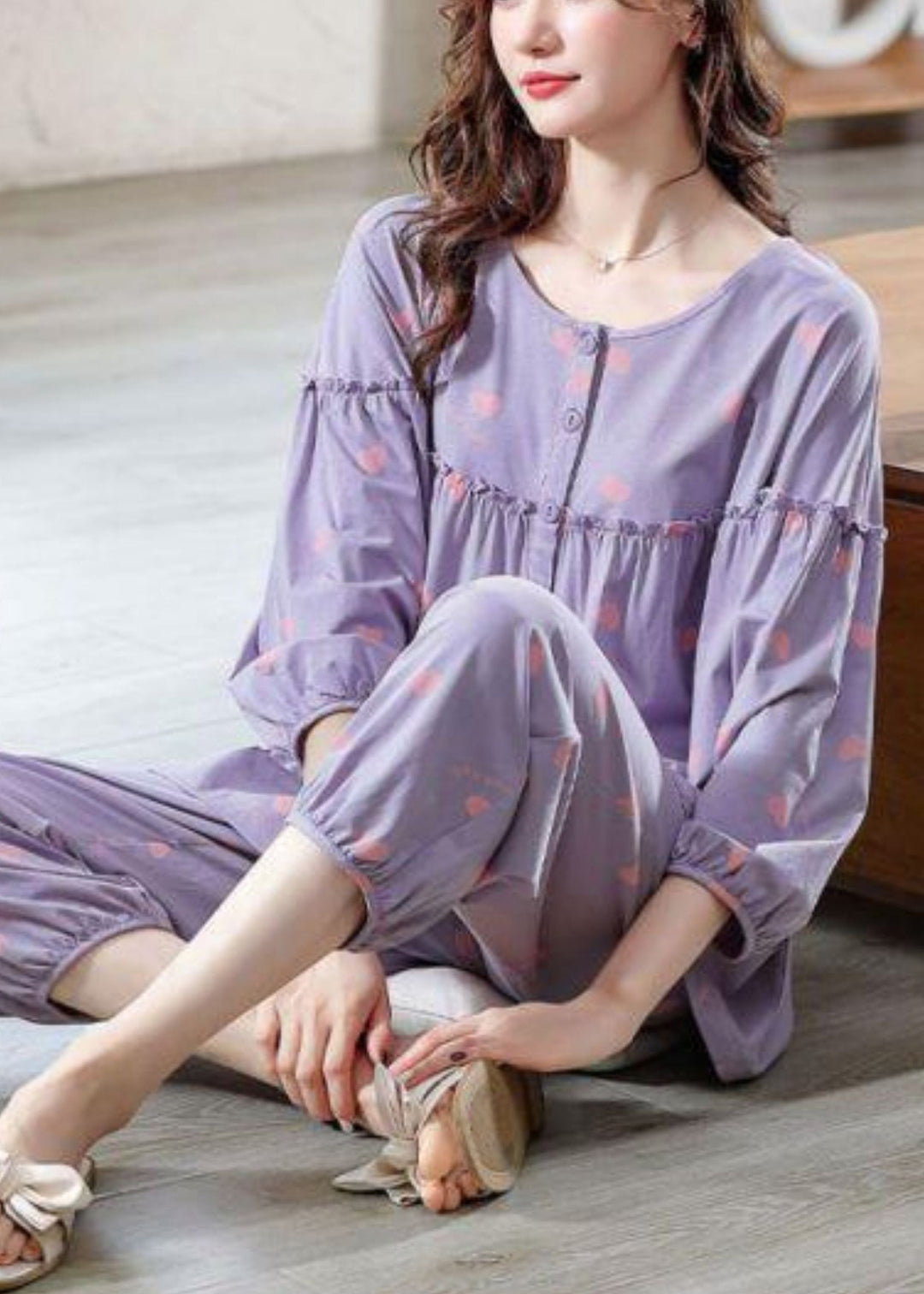 Loose Purple Ruffled Print Cotton Pajamas Two Pieces Set Bracelet Sleeve
