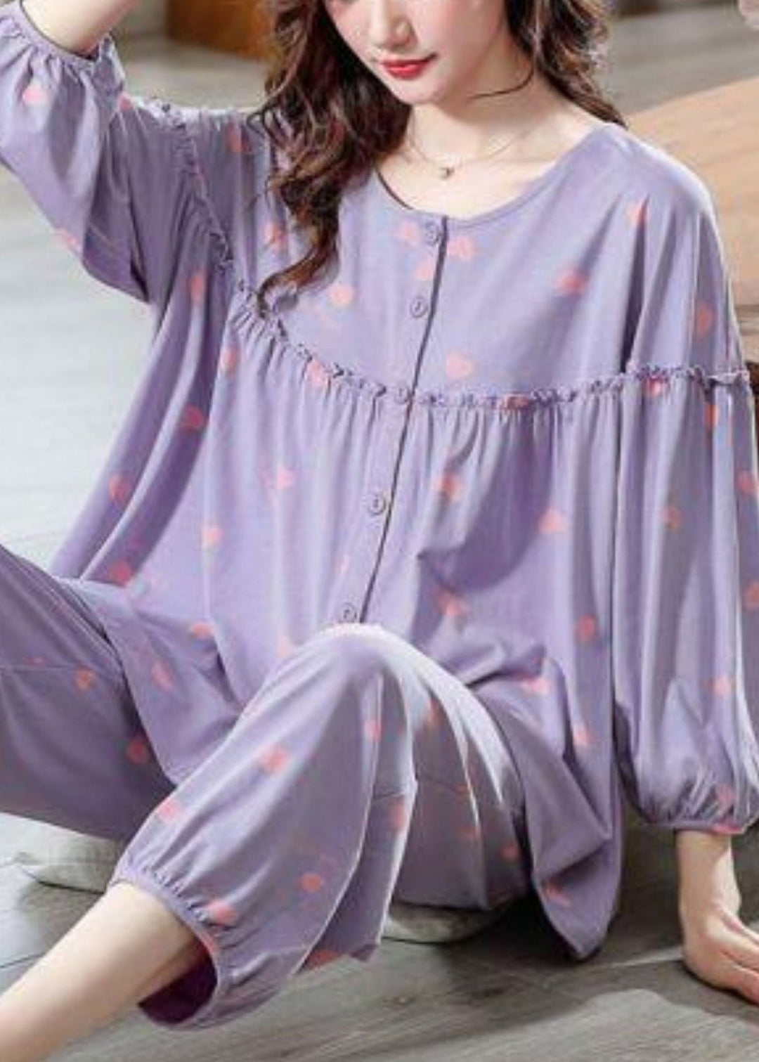 Loose Purple Ruffled Print Cotton Pajamas Two Pieces Set Bracelet Sleeve