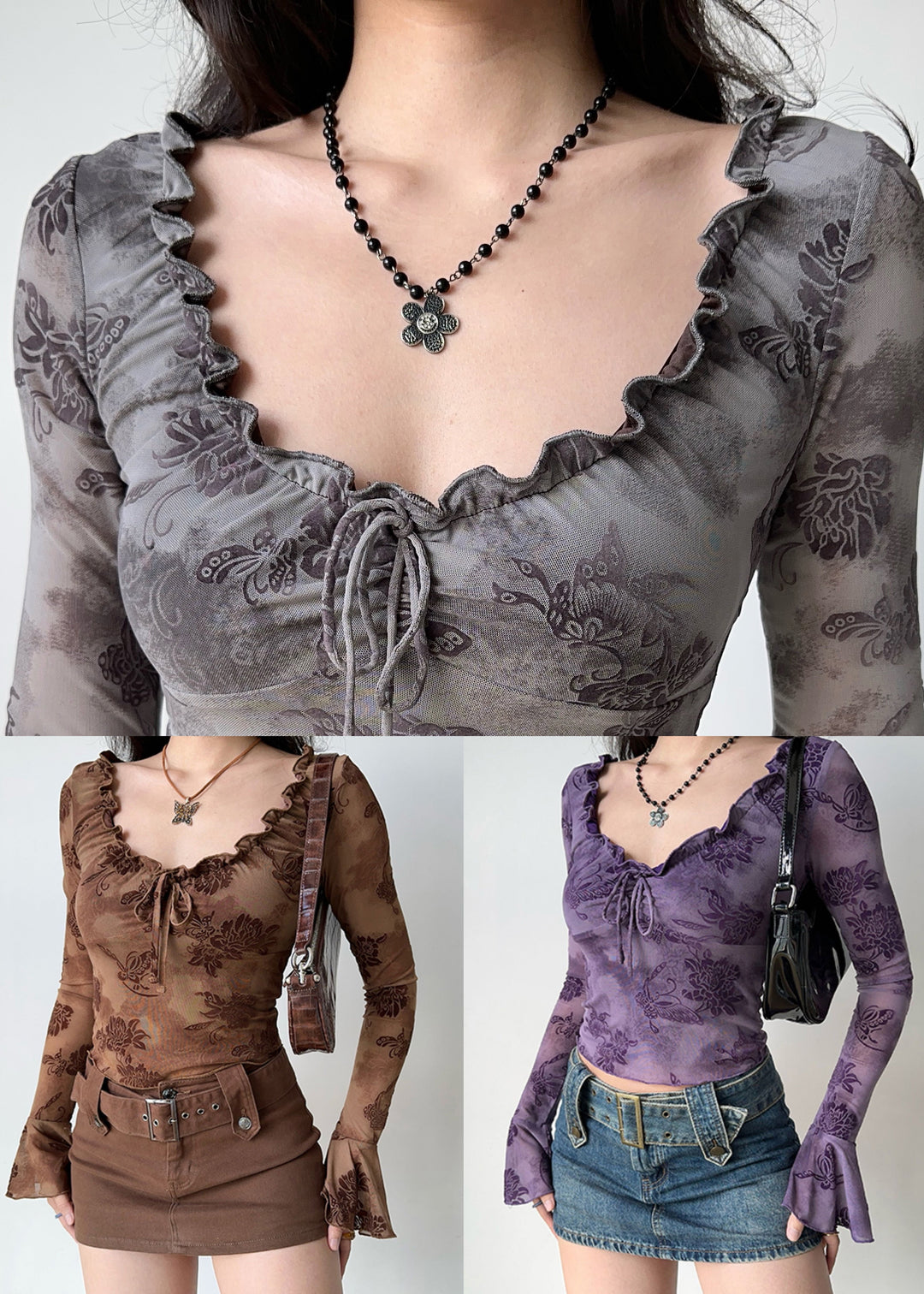 Loose Purple Ruffled Print Cotton T Shirts Flare Sleeve