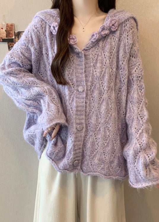Loose Purple Sailor Collar Hollow Out Floral Knit Cardigans Fall