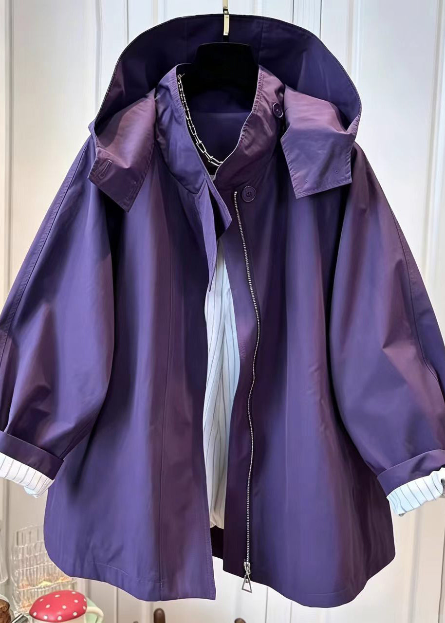 Loose Purple Stand Collar Hooded Oversized Pockets Windbreaker Coat Fall