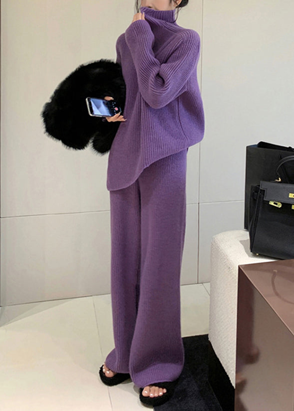 Loose Purple Turtleneck Cozy Knit Two Pieces Set Winter