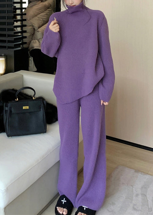 Loose Purple Turtleneck Cozy Knit Two Pieces Set Winter