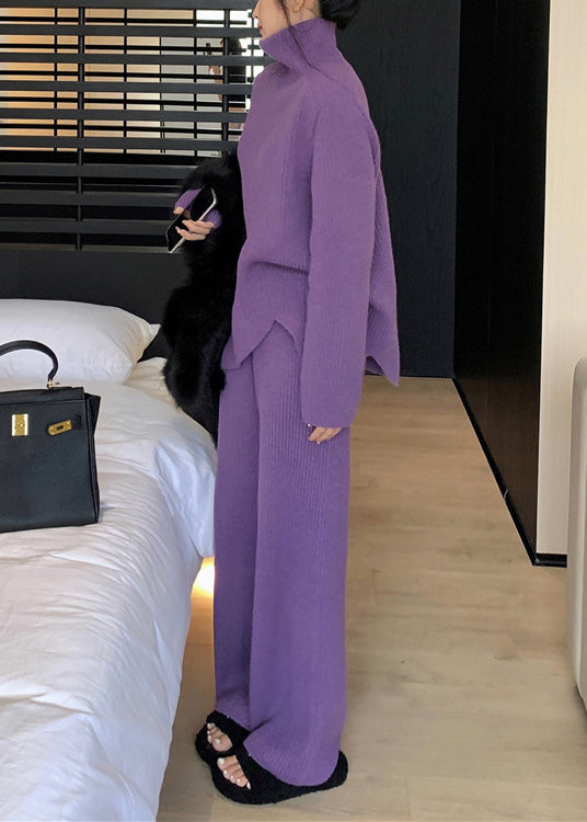 Loose Purple Turtleneck Cozy Knit Two Pieces Set Winter