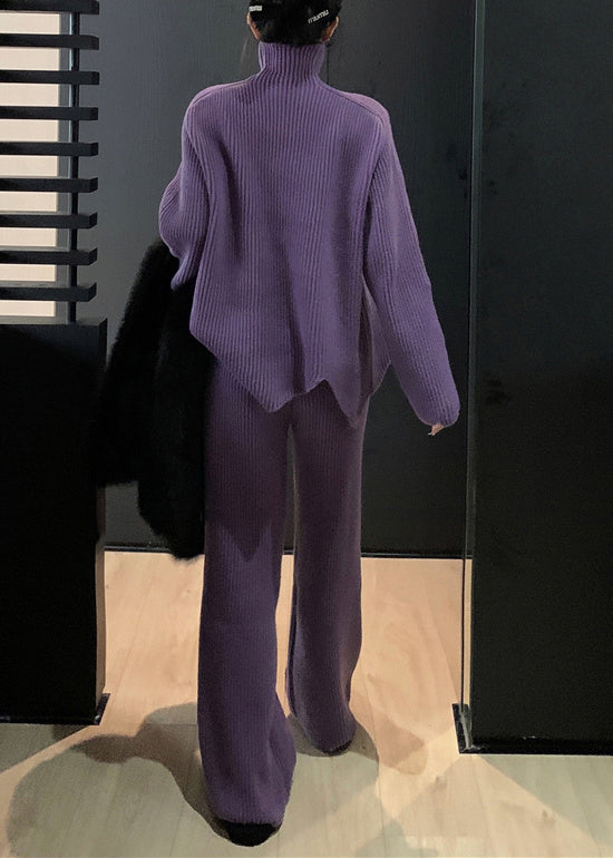 Loose Purple Turtleneck Cozy Knit Two Pieces Set Winter
