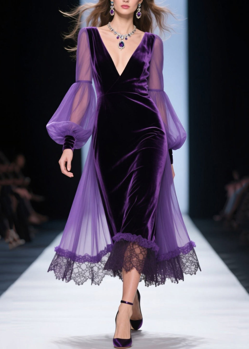 Loose Purple V Neck Lace Patchwork Velvet Dress Fall