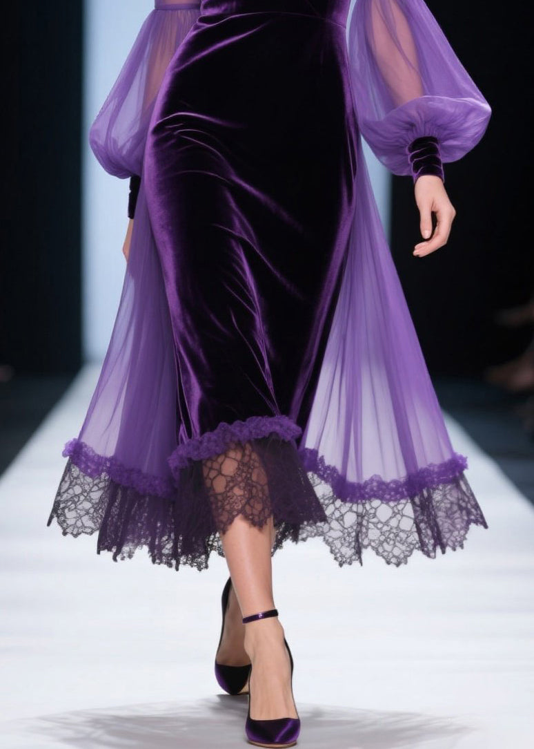 Loose Purple V Neck Lace Patchwork Velvet Dress Fall