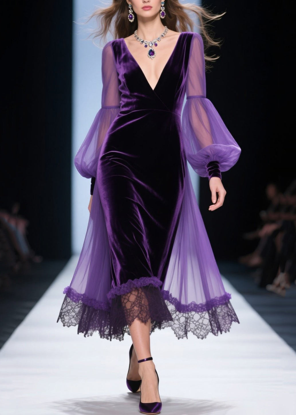 Loose Purple V Neck Lace Patchwork Velvet Dress Fall