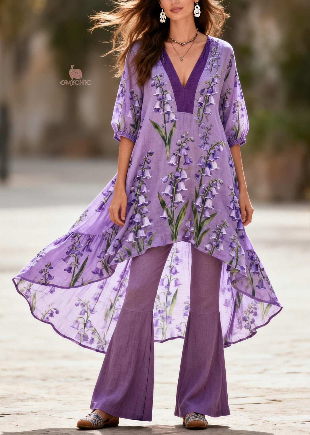 Loose Purple V Neck Print Asymmetrical Design Cotton Two Pieces Set Summer