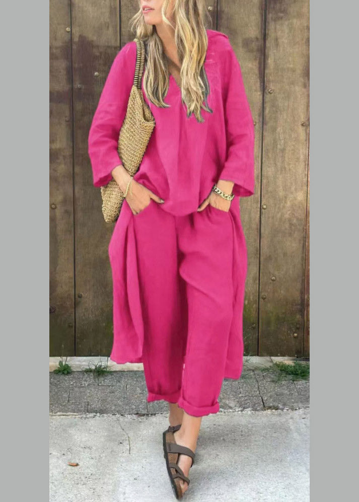 Loose Purple V Neck Shirts And Harem Pants Two Piece Set Three Quarter Sleeve