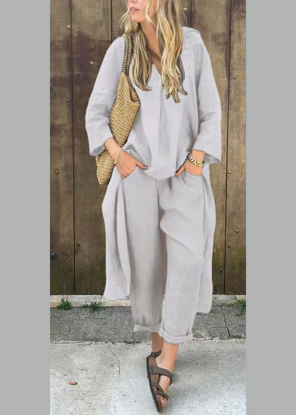 Loose Purple V Neck Shirts And Harem Pants Two Piece Set Three Quarter Sleeve