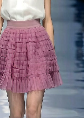 Loose Purple Wrinkled Elastic Waist Tulle Skirt Summer - Omychic