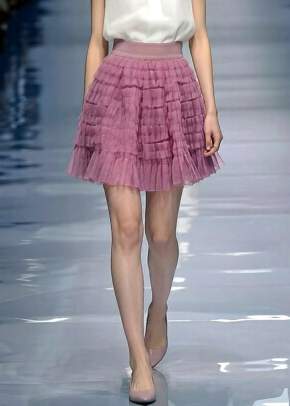 Loose Purple Wrinkled Elastic Waist Tulle Skirt Summer - Omychic