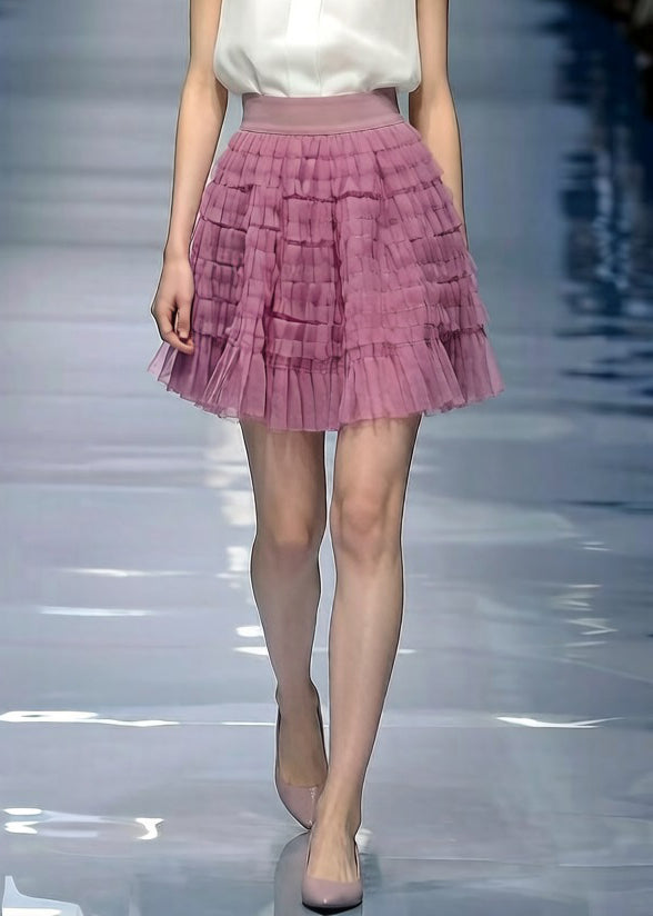 Loose Purple Wrinkled Elastic Waist Tulle Skirt Summer - Omychic