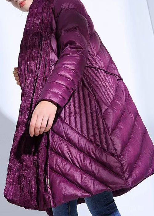 Loose Purple Wrinkled Tie Waist Pockets Fine Cotton Parkas Winter