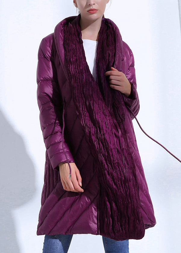 Loose Purple Wrinkled Tie Waist Pockets Fine Cotton Parkas Winter