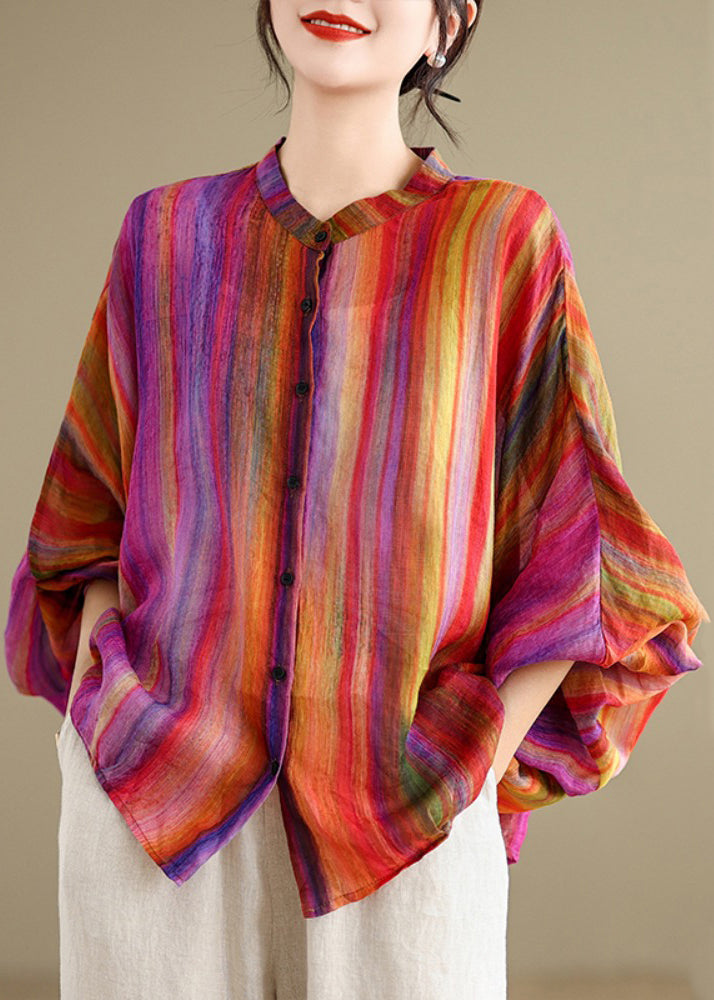 Loose Rainbow Striped Button Linen Blouses Batwing Sleeve