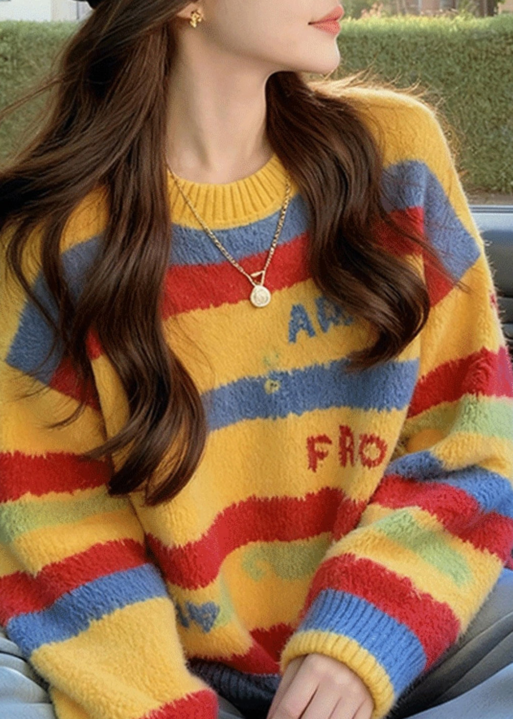 Loose Rainbow Striped Thick Cotton Knit Sweater Fall