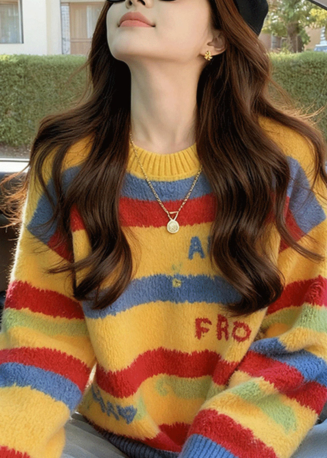Loose Rainbow Striped Thick Cotton Knit Sweater Fall