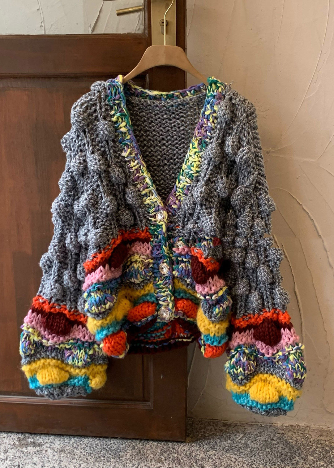 Loose Rainbow V Neck Patchwork Cotton Knit Cardigans Fall