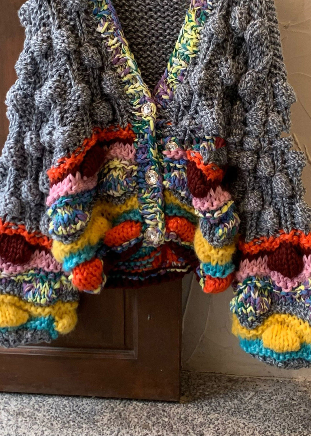 Loose Rainbow V Neck Patchwork Cotton Knit Cardigans Fall