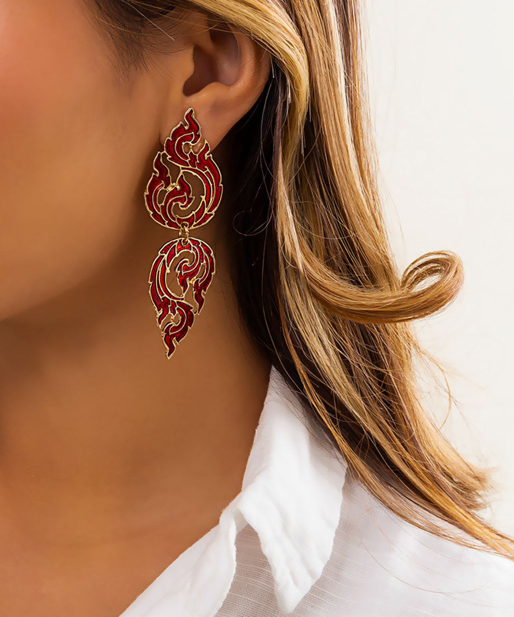Loose Red Alloy Hollow Out Dripping Glaze Flame Drop Earrings