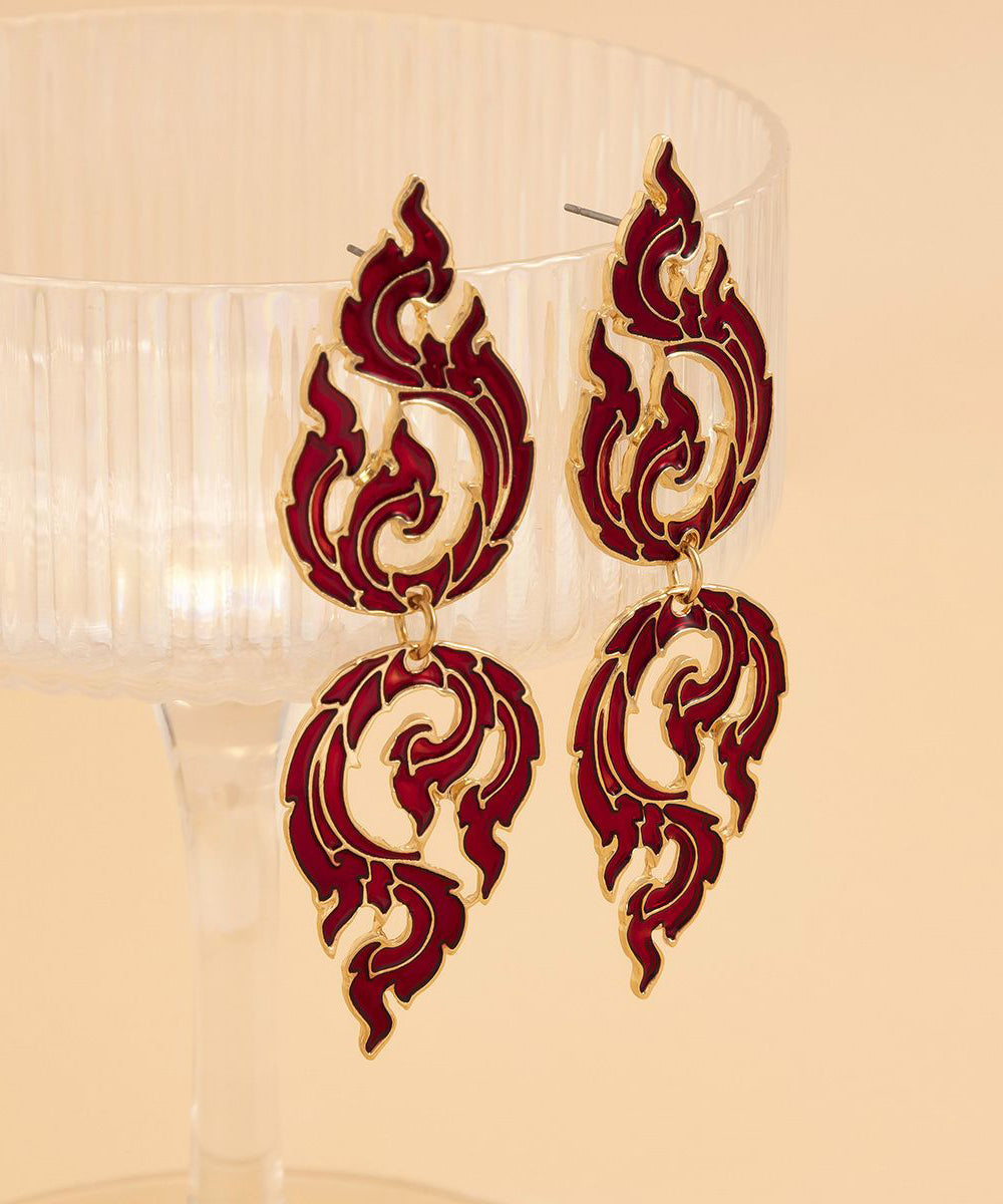 Loose Red Alloy Hollow Out Dripping Glaze Flame Drop Earrings