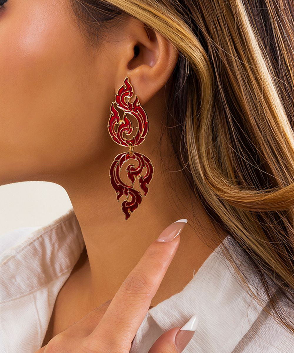 Loose Red Alloy Hollow Out Dripping Glaze Flame Drop Earrings