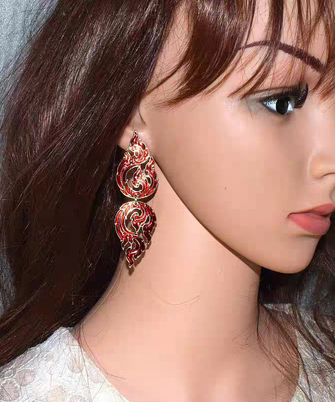 Loose Red Alloy Hollow Out Dripping Glaze Flame Drop Earrings