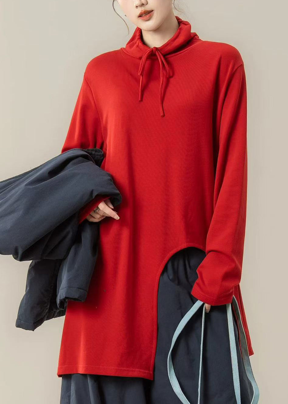 Loose Red Asymmetrical Drawstring Cotton Blouses Spring