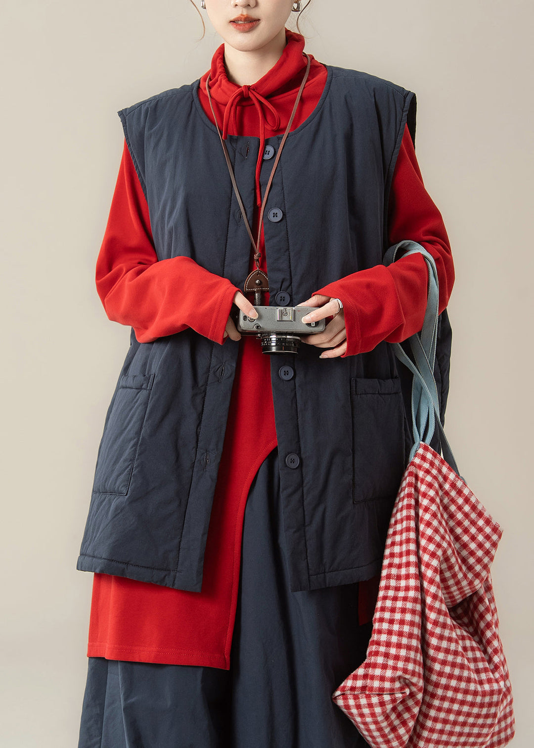 Loose Red Asymmetrical Drawstring Cotton Blouses Spring