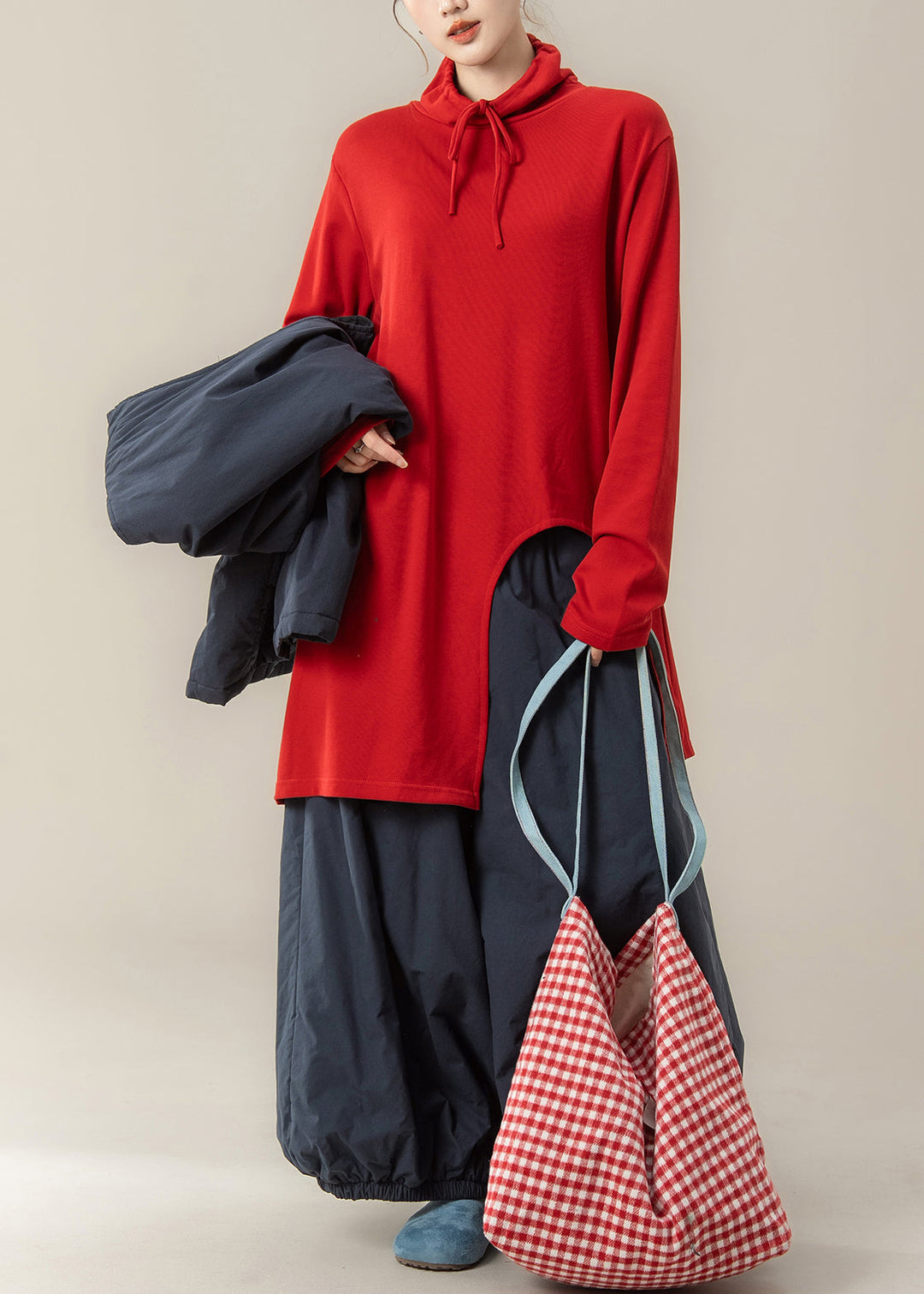 Loose Red Asymmetrical Drawstring Cotton Blouses Spring