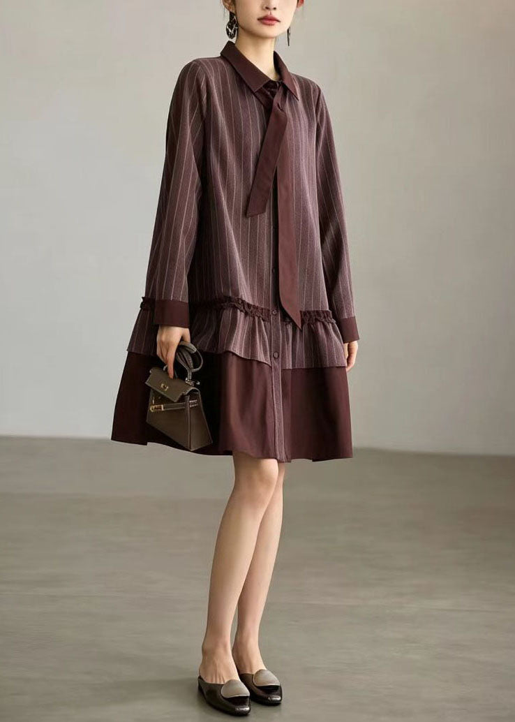 Loose Red Brown Striped Turn-Down Collar Patchwork Dresses Fall