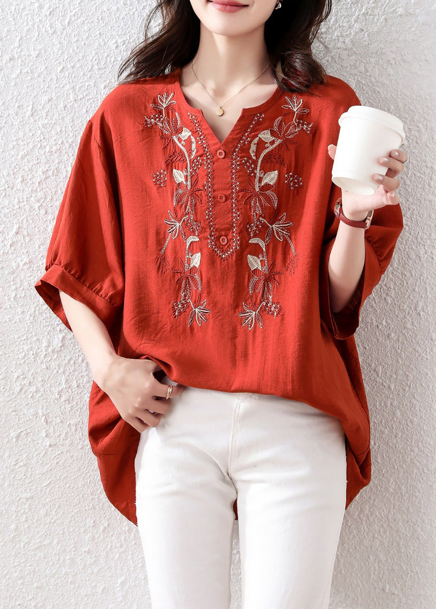 Loose Red Embroidered Button Cotton Shirt Half Sleeve