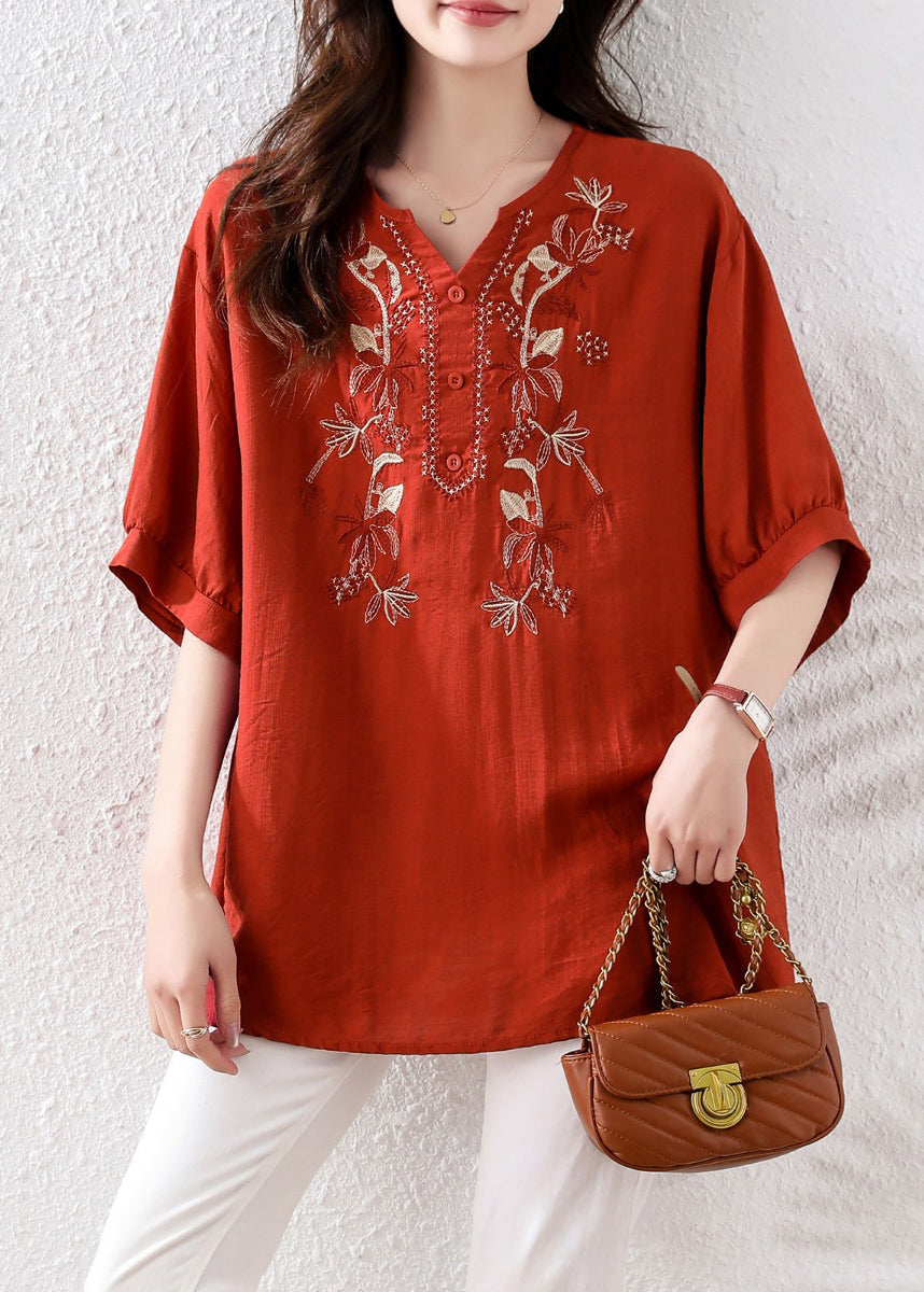 Loose Red Embroidered Button Cotton Shirt Half Sleeve
