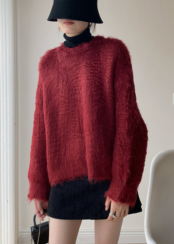 Loose Red Fluffy Solid Knit Sweater Winter