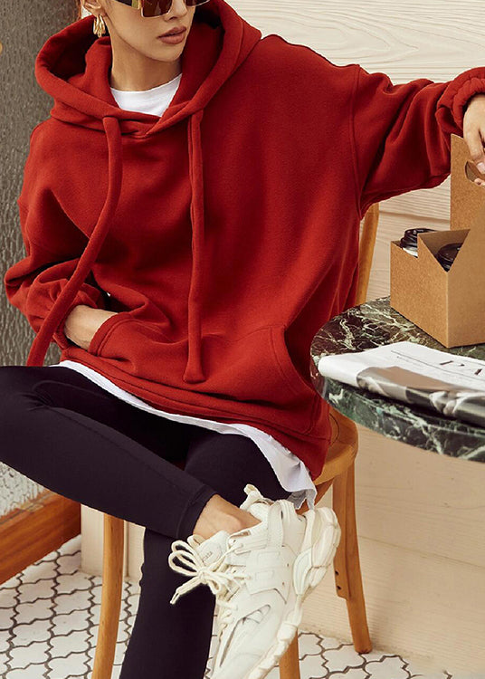 Loose Red Hooded Pockets Warm Fleece Sweatshirt Winter