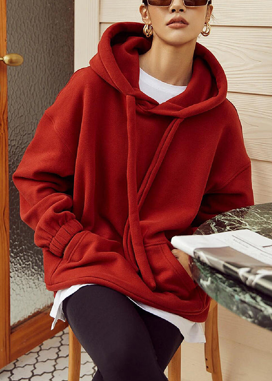 Loose Red Hooded Pockets Warm Fleece Sweatshirt Winter