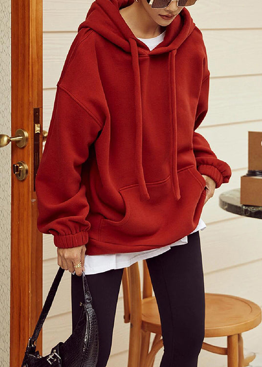 Loose Red Hooded Pockets Warm Fleece Sweatshirt Winter