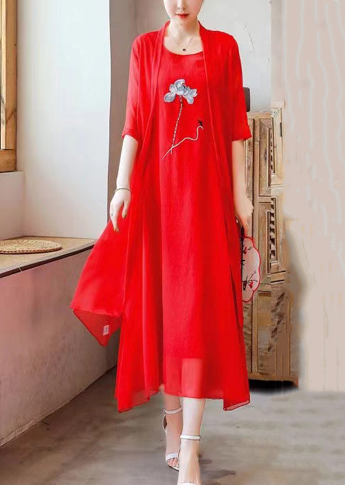Loose Red O Neck Embroidered Solid Chiffon Two Pieces Set Half Sleeve
