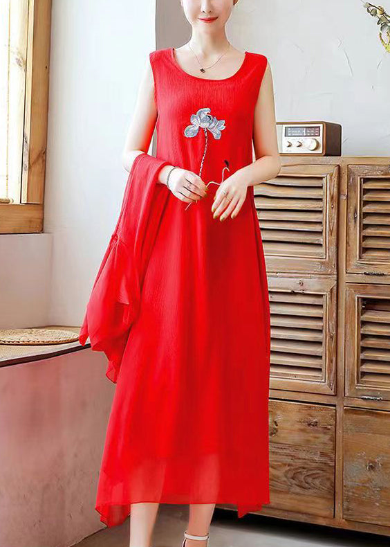 Loose Red O Neck Embroidered Solid Chiffon Two Pieces Set Half Sleeve