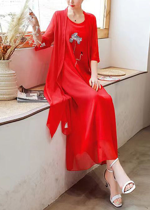 Loose Red O Neck Embroidered Solid Chiffon Two Pieces Set Half Sleeve