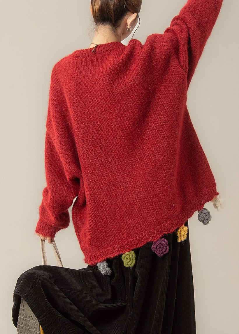 Loose Red O Neck Floral Button Knit Coats Spring