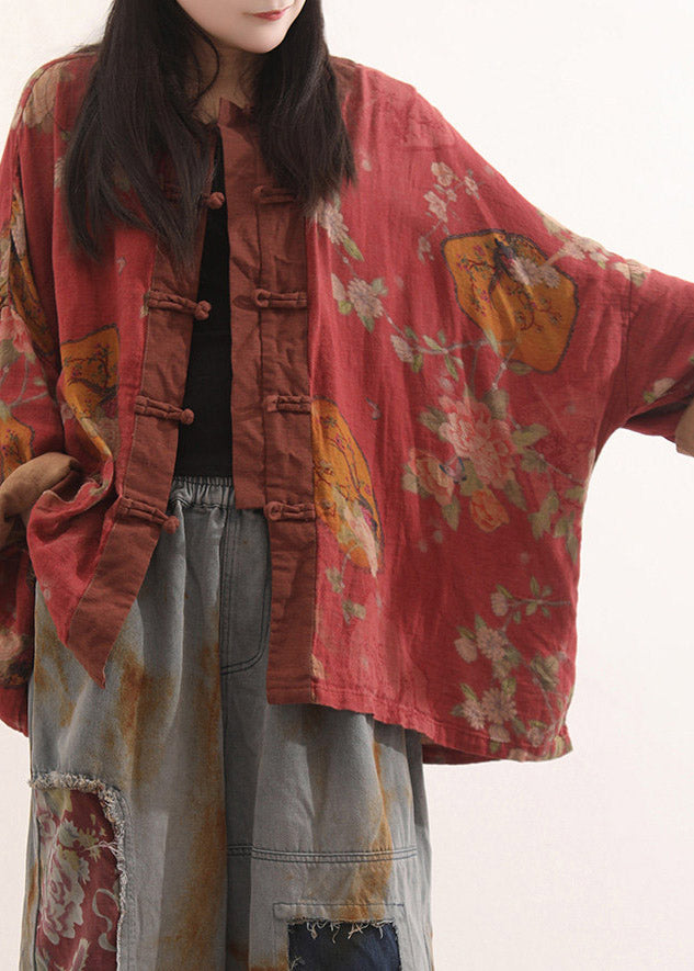 Loose Red O-Neck Print Button Coats Fall