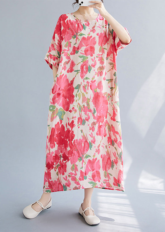 Loose Red O-Neck Print Maxi Dresses Summer